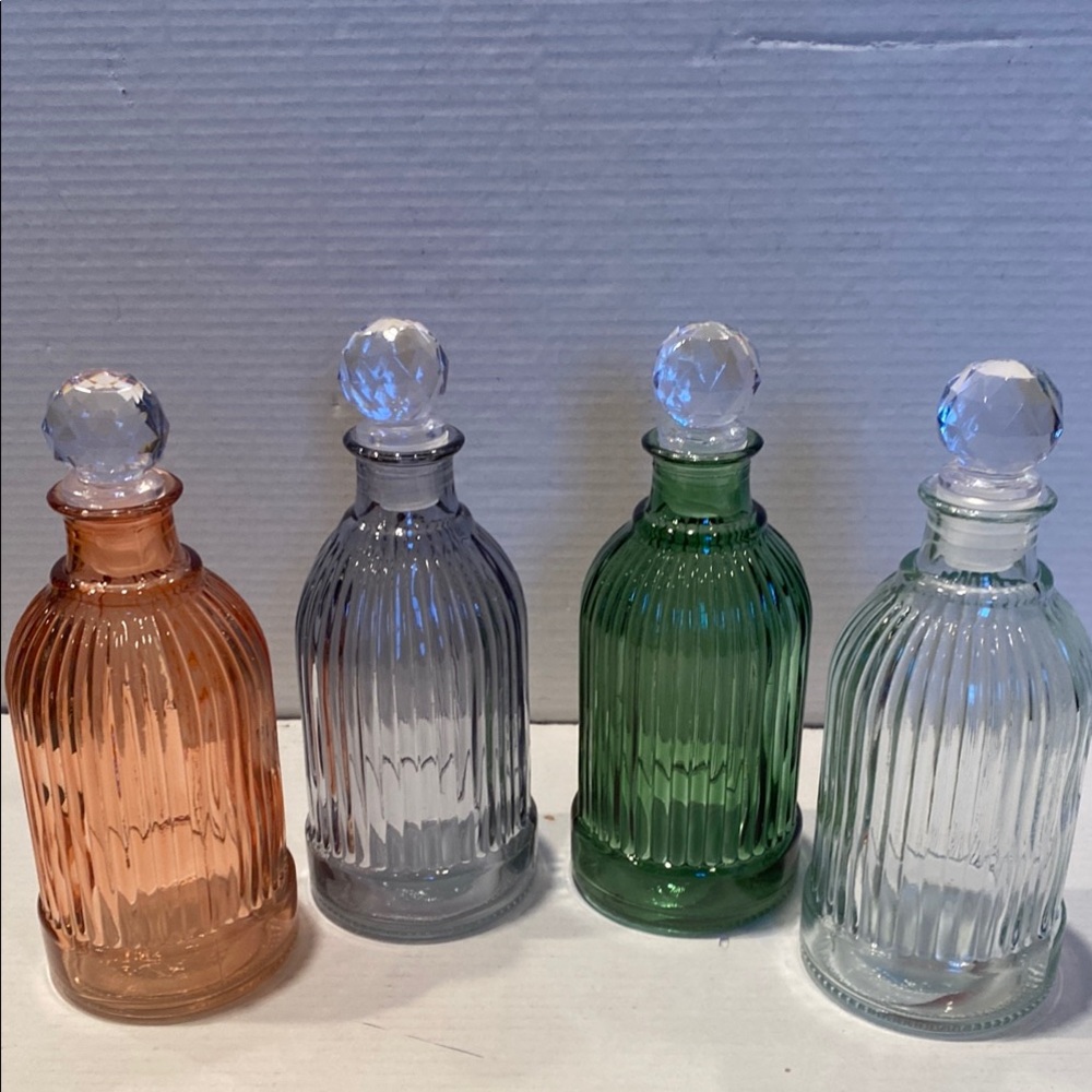 NWT Set of Four Ribbed Glass Bottles with Crystal-Like Stoppers